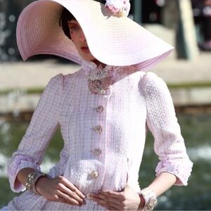 Authentic CHANEL Pink Blazer with White Accents